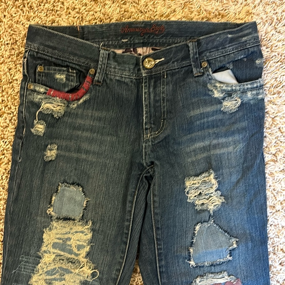 Vintage Y2K American Eagle Distressed Jeans Patchwork Hipster Skinny Flare 6